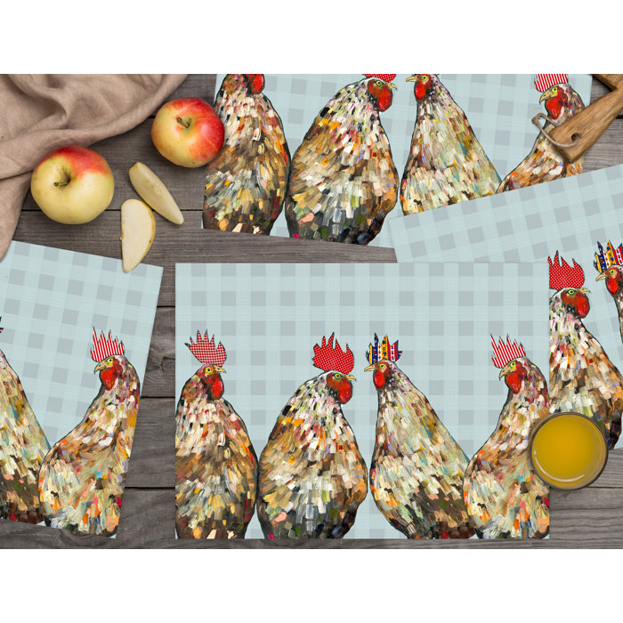 GreenBox Art Roosters Plaid Set Of 4 By Eli Halpin Vinyl Placemat